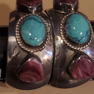 Native American Turquoise Spiny Oyster Earrings Signed S.Skeets Vintage
